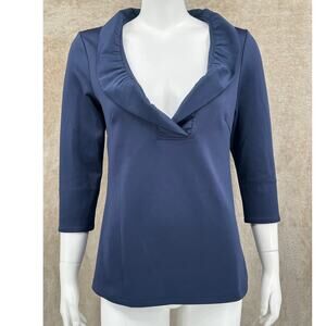 Gretchen‎ Scott Top Womens Small Navy Ruffle V-Neck Stretch 3/4 Sleeves Office